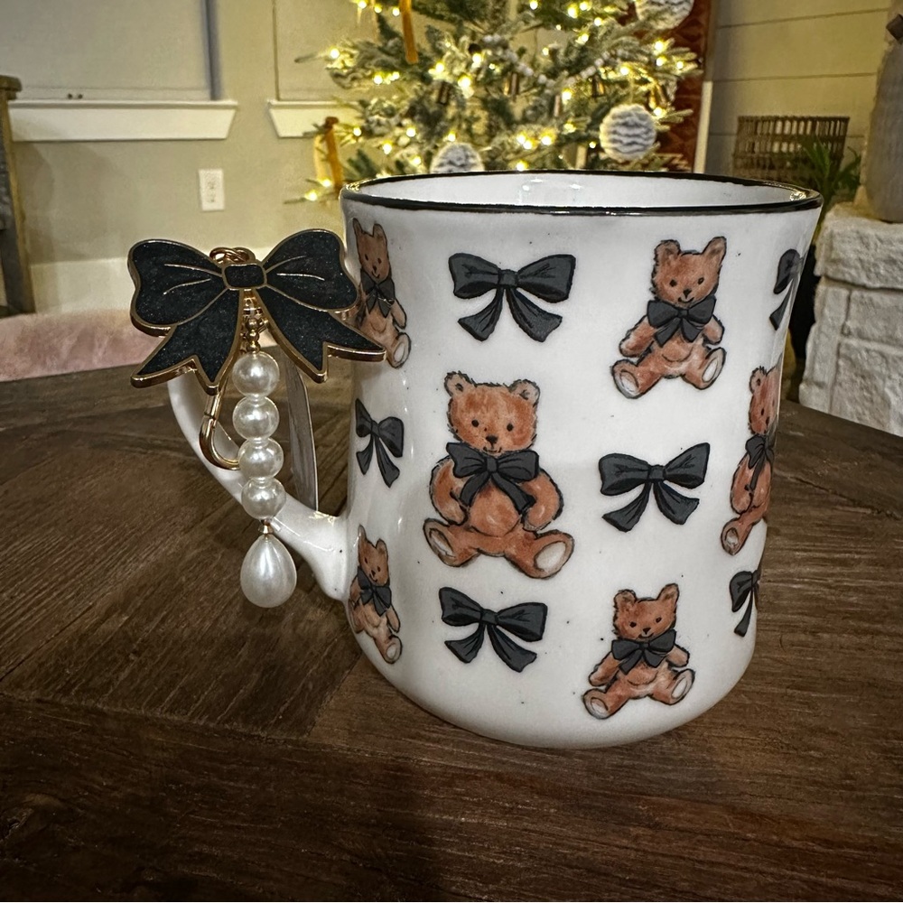 Teddy Bear Mug with Bow and Pearl Keychain Bagcharm